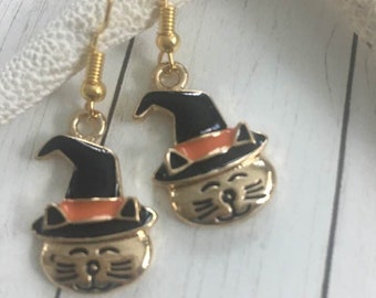 Kitty Halloween Earrings,Halloween Cat Earrings, Black Hat Halloween Kitty Earrings,Gold Plated Halloween Earrings