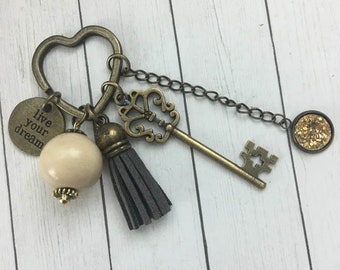 Bronze Live your Dream Keychain,Inspirational Keyring,Bronze Key Tassel Key Fob,First Home Gift,Real Estate Gift,Grad Gift,Encouragement