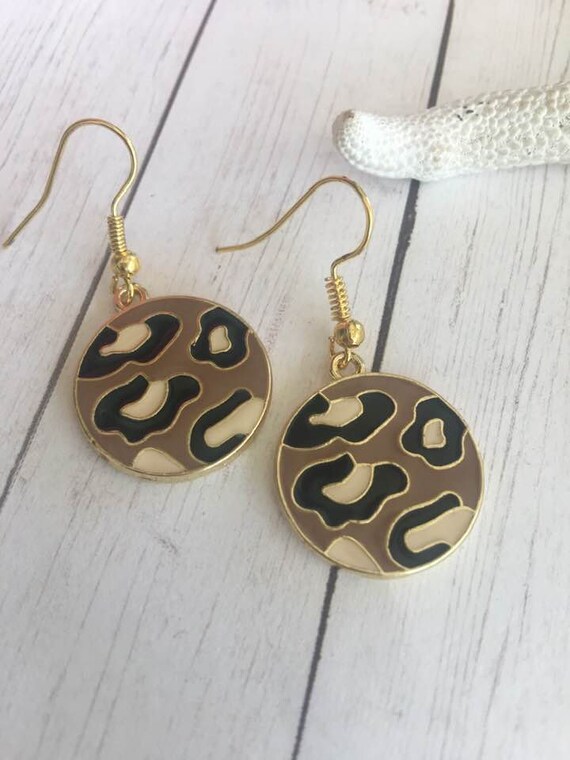 Gold Plated Brown Leopard Print Enamel Earrings,leopard Earrings,leopard Spot  Earrings,animal Print Earrings,round Leopard Spot Earrings, - Etsy