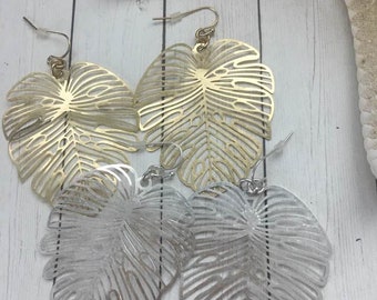 Large Filigree Monstera Leaf Earrings,Silver Tropical Leaf Earrings,Monstera Gold Leaf Earrings,Large Leaf Earrings,Filigree Leaf Jewelry,