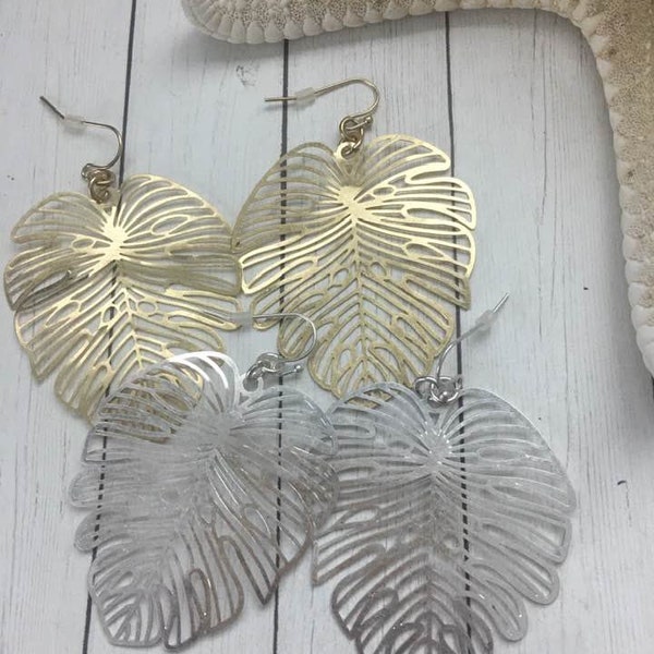 Large Filigree Monstera Leaf Earrings,Silver Tropical Leaf Earrings,Monstera Gold Leaf Earrings,Large Leaf Earrings,Filigree Leaf Jewelry,