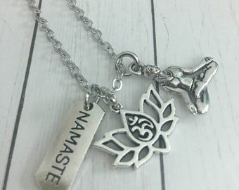 Yoga Lotus Pendant,Buddha Necklace,Flower Namaste Long Necklace,Namaste Jewelry,Yoga Instructor, Namah,Womens Yoga Gift,Yoga Teacher gift,