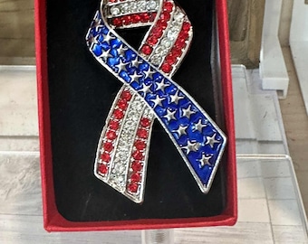 Rhinestone American Flag Brooch,Flag Ribbon Lapel Pin,Red White Blue Ribbon Sparkly Brooch,Independence Day,USA,Patriotic Jewelry