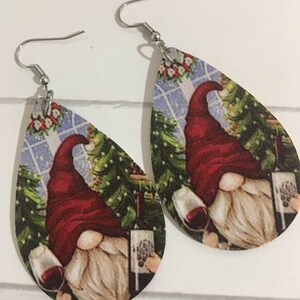 Christmas Wine Gnome Earrings,Xmas Gnomes,Gnome  Bottle of Wine Earrings,Holiday Faux Leather Earrings,PU Leather Teardrop Gnome Earrings