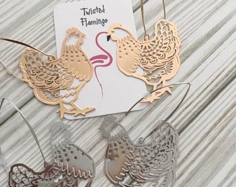 Rooster Filigree Earrings,Gold Chicken Earrings,Lightweight Filigree Farm Animal Earrings,Fancy Rooster Dangle Earrings,Fowl,Cockerel,Hen,