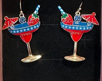 Patriotic Margarita Earrings,American Flag,4th of July Earrings,Labor Day,Memorial Day Earrings,Strawberry Margarita,Umbrella Drink,Holiday