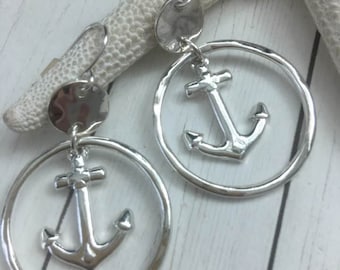 Silver Anchor Hoop Earrings,Anchor Earrings,Anchor Hoops,Anchor Jewelry,Anchor Dangle Hoops,Nautical Jewelry,Coastal Earrings,Boating,Beach