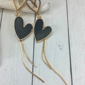Dangle Heart Earrings,Black and Gold Heart Earrings,Valentine Earrings,Valentines Day Jewelry,Gold Heart Hoops,Hoops and Dangle Earrings