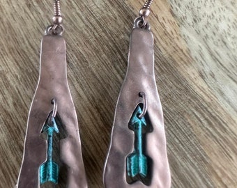 Hammered Copper Arrow Dangle Earrings: Burnished Boho Jewelry