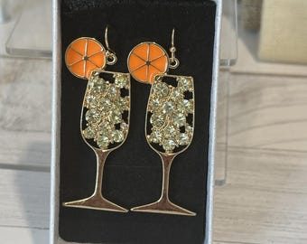Rhinestone Mimosa Earrings,Cocktail Earrings,Bartender Gift,Happy Hour,Gift for Her,Tropicial Drink Earrings,Sparkly,Cocktail Glass Earrings