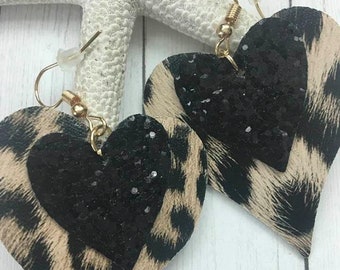 Leopard Heart Earrings,Faux Leather Double Heart Earrings,Heart Jewelry,Valentines Day Earrings,Hearts,Valentines Gift,Leopard Earrings,