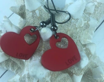 Dangle Love Earrings,Red Heart Earrings,Gift for Her,Valentines Day Gift,Gift for Wife,Gift for Girlfriend,Gun Metal Message Heart Earrings,