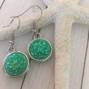Silver Tone Druzy Double Sided Earrings,Druzy Earrings,Druzy Dangle Earrings,Green Druzy Earrings,Druzy Round Earrings