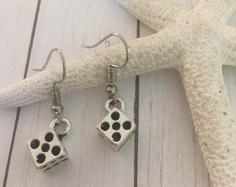 Antique Silver Dice Earrings,Gamblers Earrings,Craps Earrings,Bunko Earrings,Yatzee Lovers,Farkle Earrings,Casino,Gaming,3 D Dice,Lucky Dice