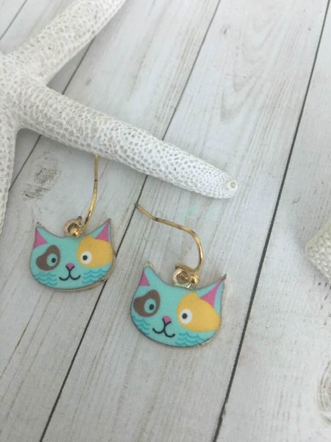 Kitty Earrings,colorful Cat Earrings,cat Face Earrings,gold Plated Cat