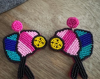 Pickleball Seed Bead Earrings,Colorful Beaded Pickleball Earrings,Lightweight Pickle Ball Earrings,Pickleball Paddle Earrings,Pickleballs