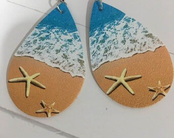 PU Leather Teardrop Beach Earrings,Lightweight Starfish Earrings,Beach Lovers Jewelry,Ocean Jewerly,Leather Earrings,Coastal Earrings,Sea