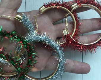 Christmas Glitter Tinsel Hoops,Holiday Tinsel Hoops,Holiday Earrings,New Years Sparkle Hoops,Gold TInsel Earrings,Tinsel Earrings,Christmas