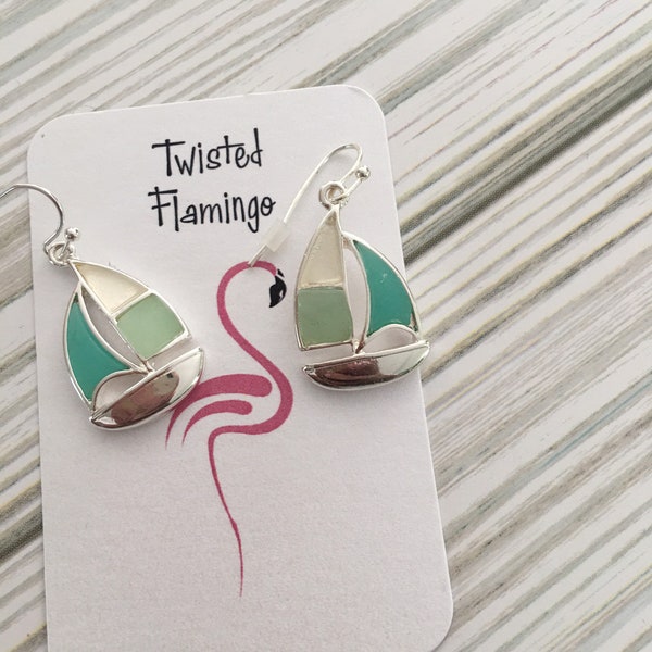 Seaglass Sailboat Earrings, Sailing Earrings,Sailing Jewelry,Sailboats,Coastal Jewely,Seaglass Jewelry,Sailor,Ship Earrings,Boat Earrings,