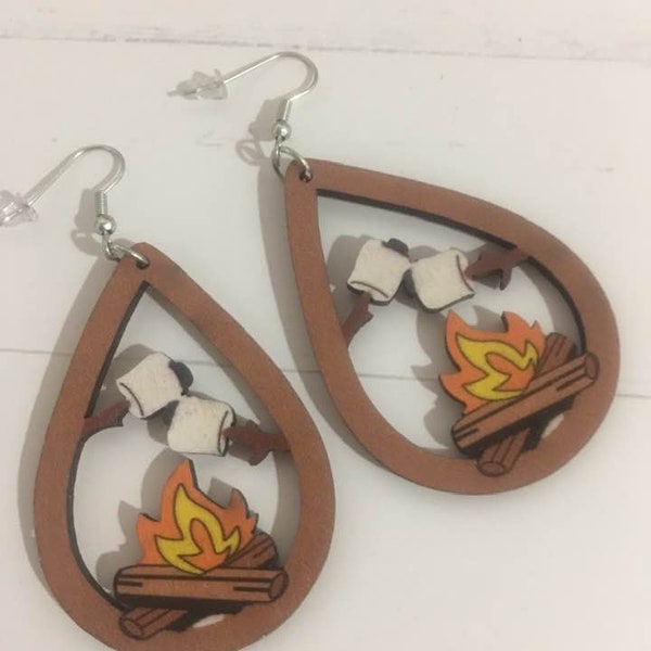 Wooden Camping Teardrop Earrings,Camp Fire Dangle Earrings,Camping Life,Camping Jewelry,Bonfire,Roasting Marshmallows,Campground,Quirky