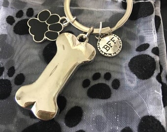 Dog Lovers Keychain,Dog Bone Keyring,Pet Lovers Gifts,Paw Print Key Fob,BFF Dog Keyring,Dog Best Friend,Dog Lovers Gift,Silver Dog Bone Fob