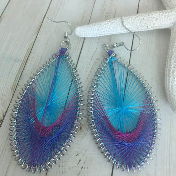 String Art Earrings,String Teardrop Earrings,Thread Earrings,Peacock Colored String Earrings,Coiled Thread Teardrop Earrings, Fun Earrings