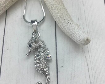 Crystal Seahorse Necklace,Sealife Necklace,Seahorse Jewelry,Seahorses,Silver Seahorse Necklace,Gift for the Coastal Lover,Gift for her