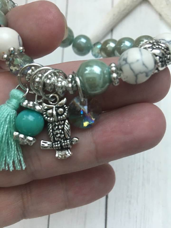 Glass Beaded Owl Bracelet,Owl Stretch Bracelet,Owl Lovers Gift ,Owl Jewelry,Owls,BoHo Beaded,Strigif