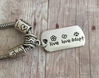 Live Love adopt Bracelet,Animal Adoption Jewelry,Paw Print Pracelet, Pet Adoption Bracelet,Pet Adpot charm bracelet