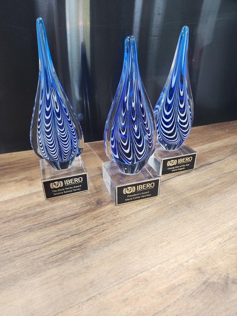Trio of stunning hand-blown glass teardrop awards with intricate blue and white swirl patterns, each mounted on a clear base with a custom engraved nameplate. Perfect for honoring excellence, leadership, or appreciation in corporate or nonprofit events. Elegant and artistic recognition pieces that serve as both awards and decorative keepsakes. Ideal for employee recognition or commemorative ceremonies.