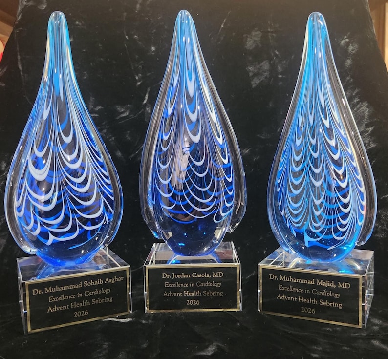 May include: Three teardrop-shaped glass awards with blue and white swirling patterns, each mounted on a clear rectangular base. The plaques are engraved with names, Excellence in Cardiology, Advent Health Sebring, and the year 2026.