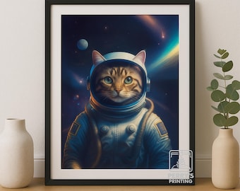 Astronaut Cat Art Print – Cosmic Sci-Fi Galaxy Decor (Digital Download)