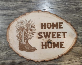 Rustic Welcome Home Sweet Home Sign – Live Edge Wood Wall Art For Housewarming Gift – Engraved Country Western Decor - Cabin Rustic Bark