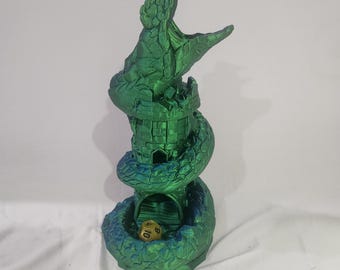 Serpent Castle Dice Tower 9", Dual Color Blue Green Silk 3D Printed Roller, Coiled Snake TTRPG Accessory, Dungeons and Dragons Gift