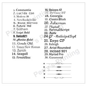 May include: A white chart displaying thirty numbered font styles ranging from Constantia to Garamond, followed by five lettered decorative line dividers labeled A through E. The text is printed in black ink on a plain white background.