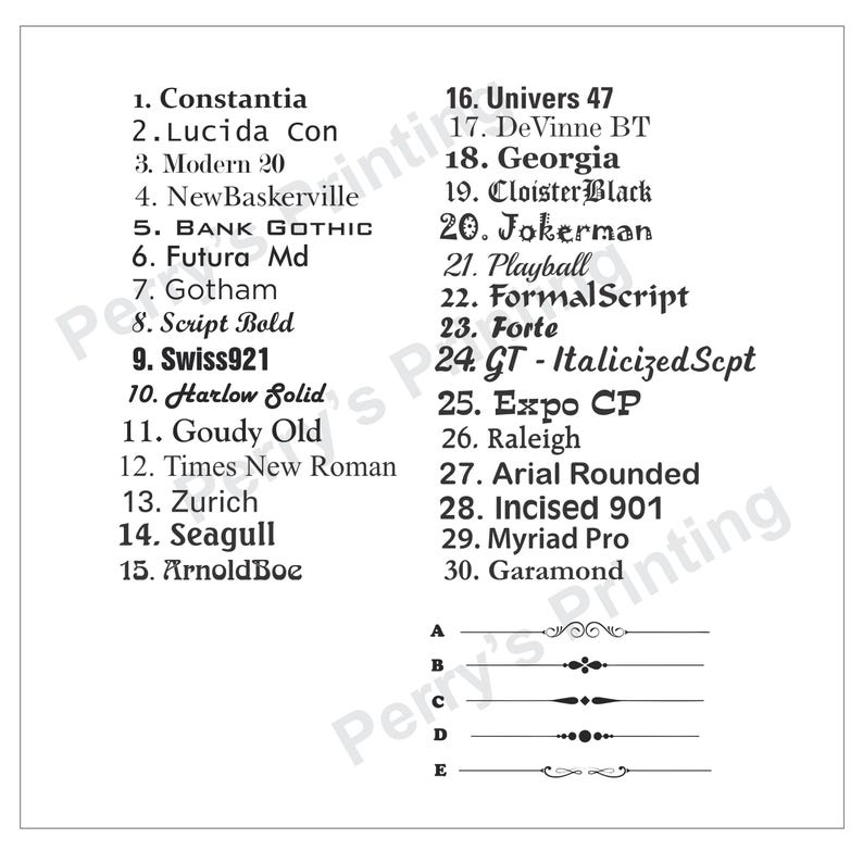 May include: A white chart displaying thirty numbered font styles ranging from Constantia to Garamond, followed by five lettered decorative line dividers labeled A through E. The text is printed in black ink on a plain white background.