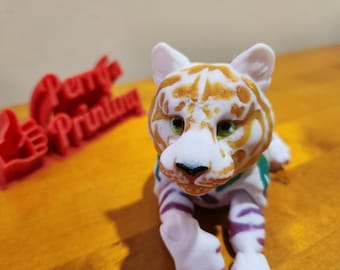 3D Printed Articulated White Tiger – Rainbow Fantasy Flexi Toy, Realistic Big Snow Cat Fidget - Realistic Fantasy Animal Toy - Fantasy Decor