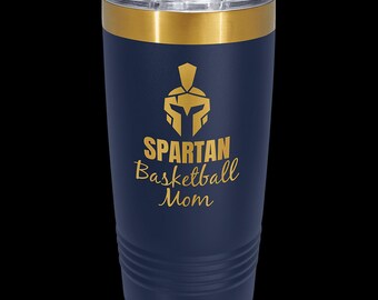 20 oz. Bright Gold ION-Plated Tumbler – Laser Engraved Spartan Basketball Mom