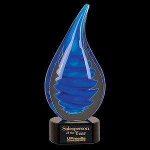 Blue Twist Raindrop Art Glass Award – Hand Blown Sculpture, Black Base – Corporate Recognition