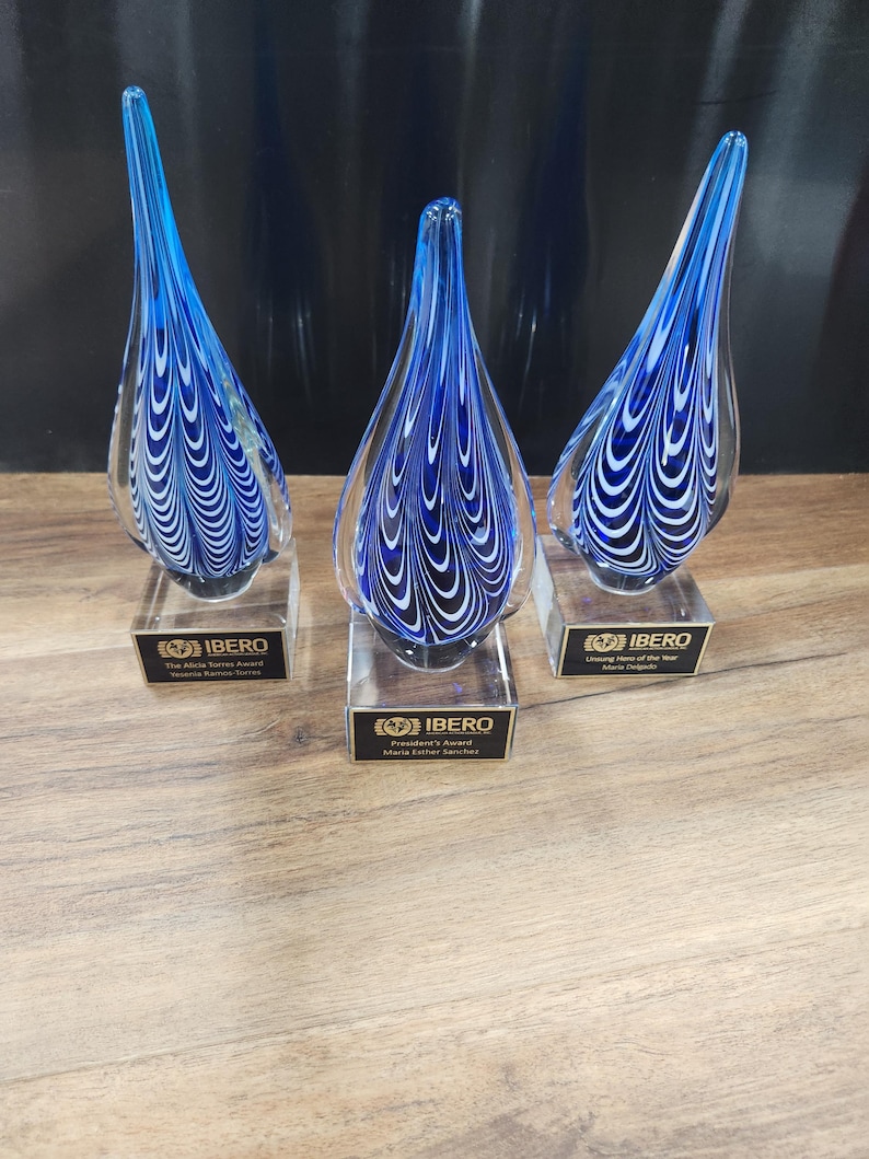 Elegant hand-blown glass teardrop award with mesmerizing blue and white swirl pattern on a clear base. Ideal for corporate recognition, appreciation gifts, or special achievement awards. Custom engraving options available. Perfect for employee awards, retirement gifts, or commemorative keepsakes. Unique artisan design adds sophistication to any occasion. Beautiful display piece for home or office.