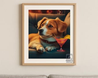 Stampa Martini Dog - Divertente stampa murale con animali domestici, cane sul divano, download immediato - Stampa murale per arredamento di bar o lounge
