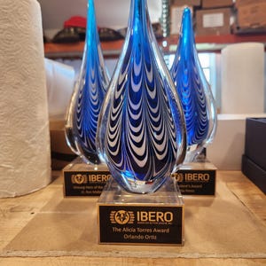 Hand Blown Blue & Black Teardrop Art Glass Sculpture – Elegant Home Décor - Custom engraved base or plate - Recognition Award - Laser Etched
