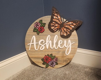 Nursery Room Childs Room Round Sign - Slate Grey with 3D flowers and butterfly accents