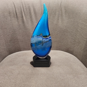 Hand-Blown Blue Raindrop Art Glass Award, Swirl Accent, Office Decor