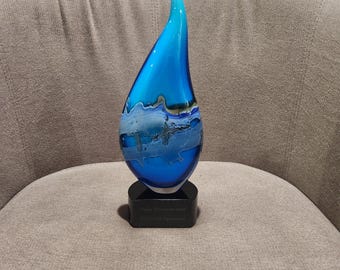 Hand-Blown Blue Raindrop Art Glass Award, Swirl Accent, Office Decor