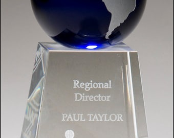 Crystal trophy with blue globe w/ free sandblast engraving - Recognition Award
