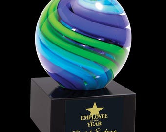 Art Glass Sculpture Engraved Recognition Award Professional Laser Personalized Gift Employee Appreciation Corporate Award Executive Globe