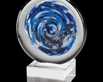 Hand-Blown Blue White Swirl Art Glass Award, Executive Office Decor - Laser Engraved