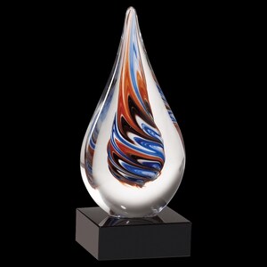 Hand-Blown Teardrop Art Glass Award, Red Blue Swirl, Black Base, Executive Recognition Trophy