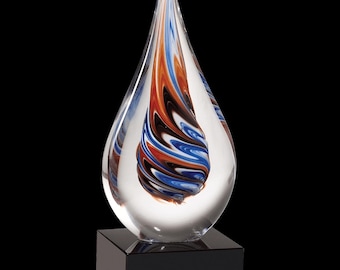 Hand-Blown Teardrop Art Glass Award, Red Blue Swirl, Black Base, Executive Recognition Trophy